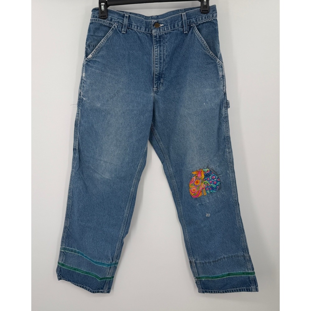 Carhartt B13DST Loose Fit Carpenter Jeans Blue Denim Custom Patch 34x30 Mens